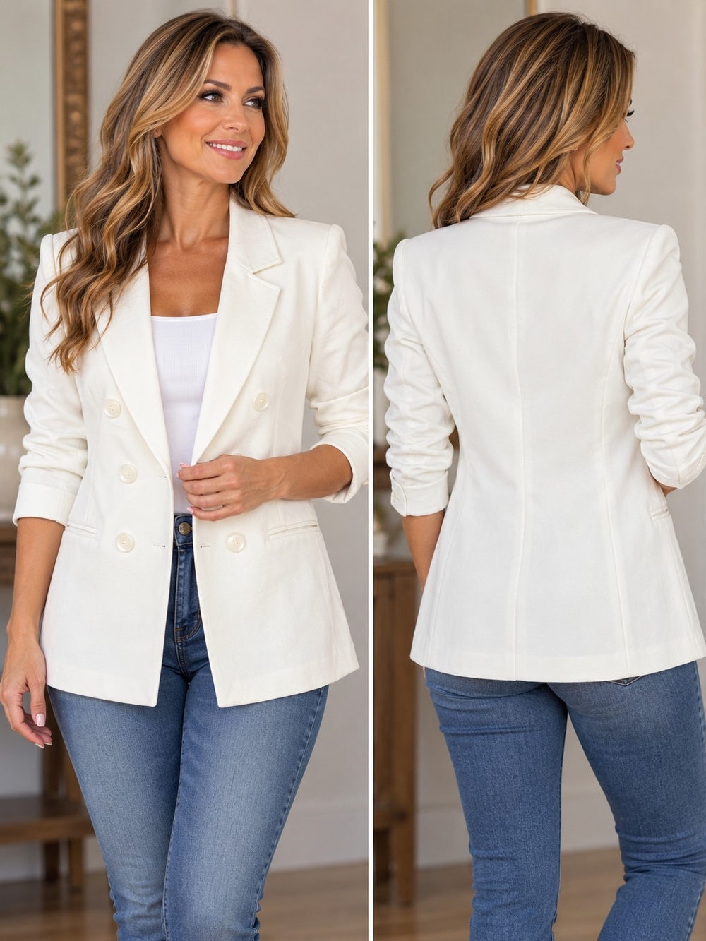Women's Double-Breasted Cream Blazer Jacket